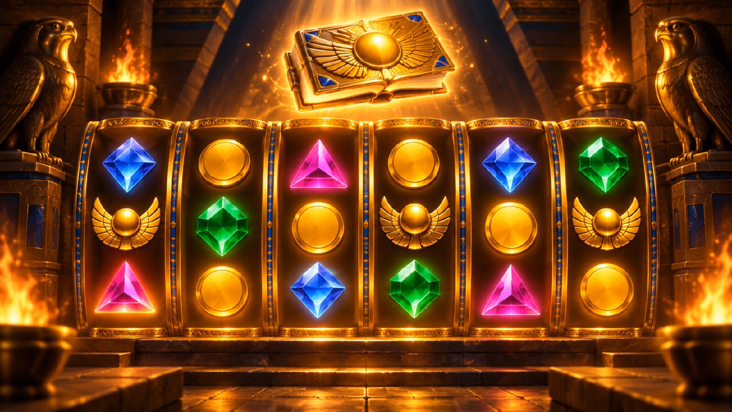 Illustration of six golden reels glowing in a pyramid crypt, the theme of Book of Ra Deluxe 6