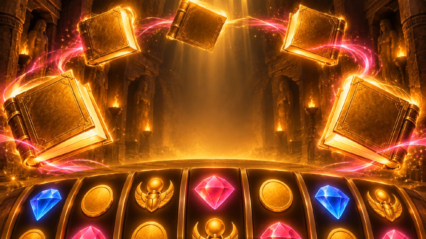 Illustration of several glowing golden books above slot reels, the theme of Book of Ra Magic