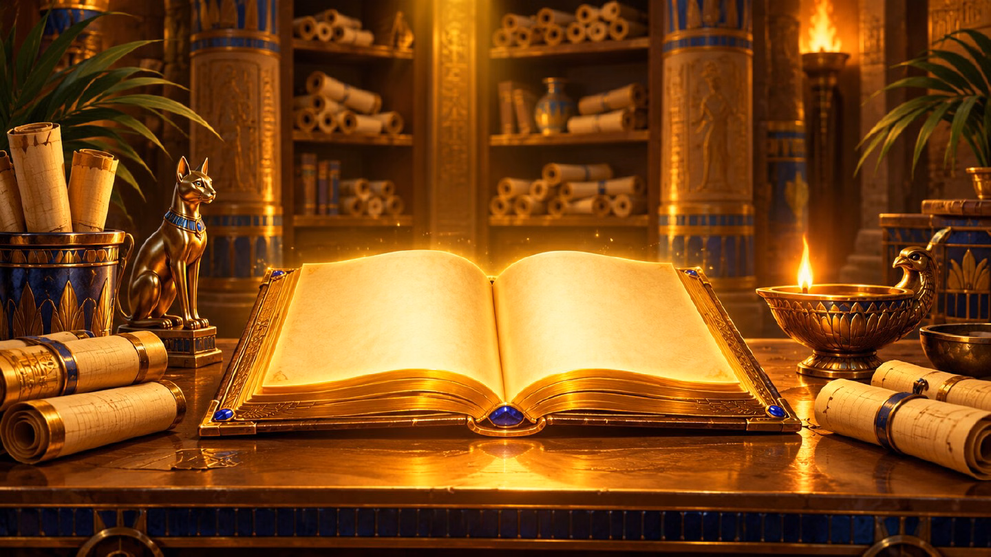 Open golden book on a reading desk in a warm-lit tomb library with scrolls and a lamp