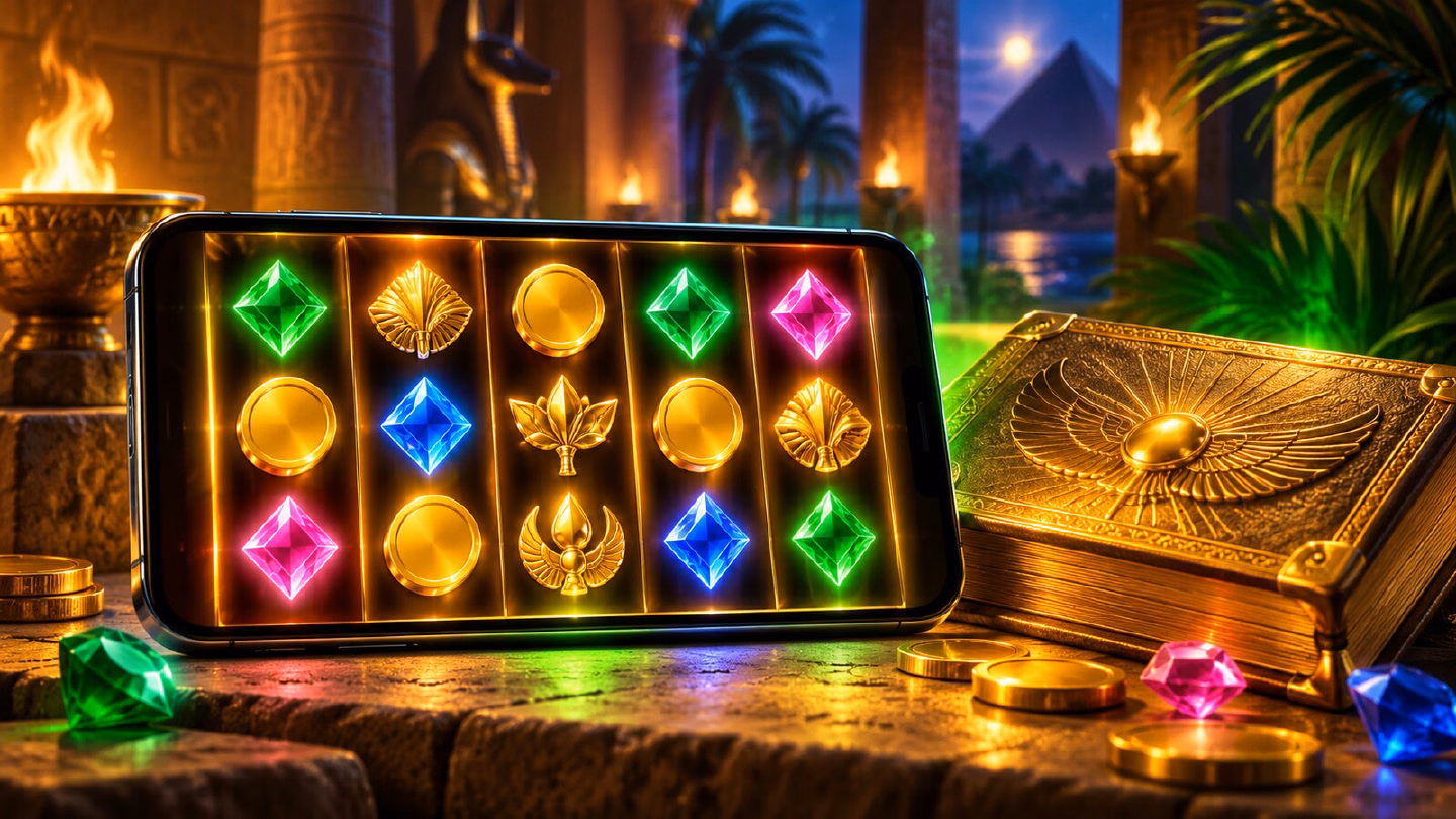 Android-style smartphone with glowing Egyptian slot reels beside a golden book and a green neon glow