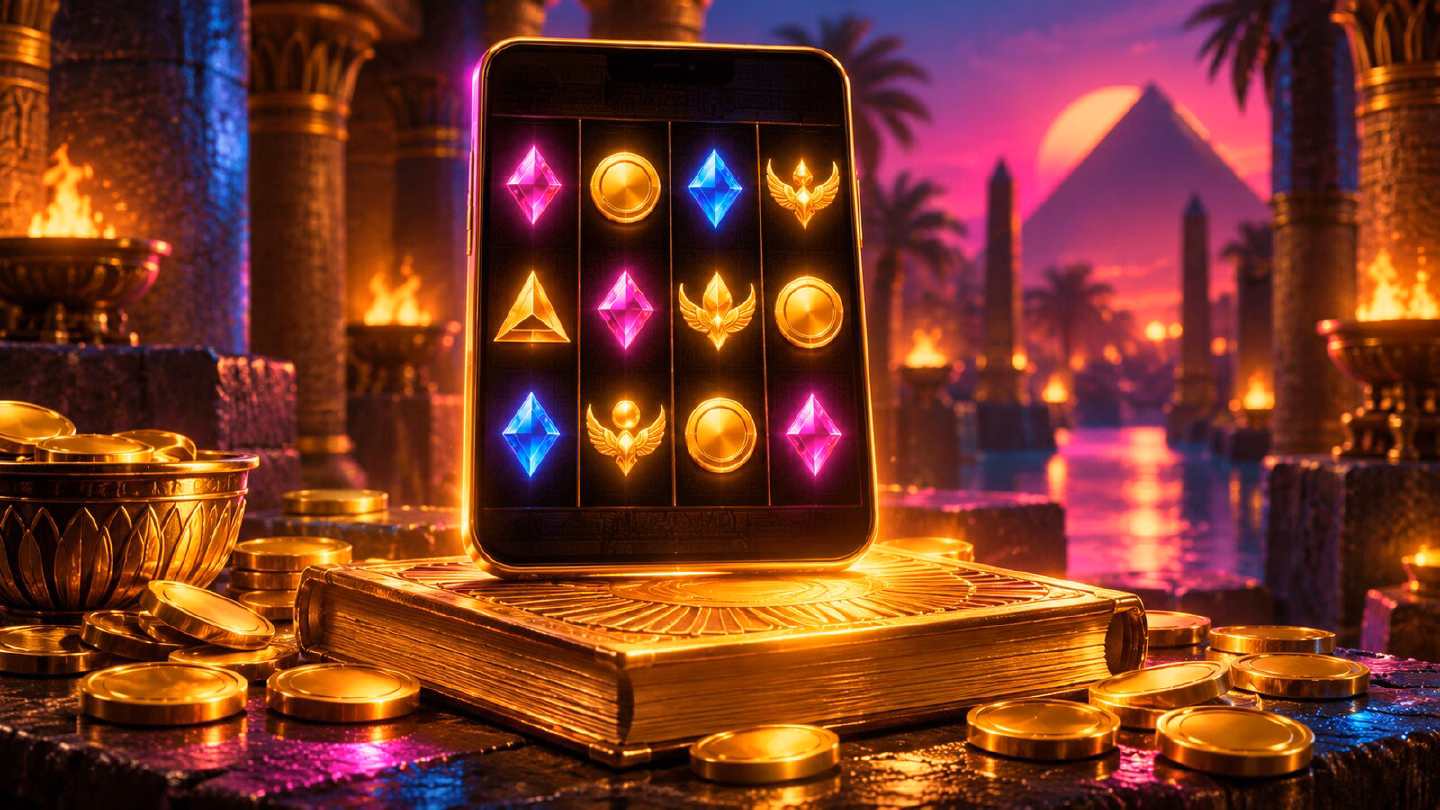 Smartphone showing glowing Egyptian-themed slot reels above a golden book and scattered gold coins