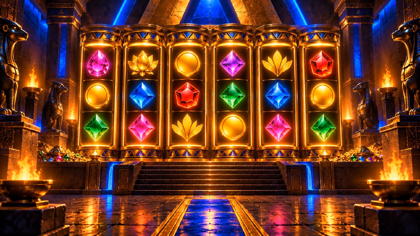 Six glowing golden slot reels in a royal crypt lit by torches and lapis-blue neon