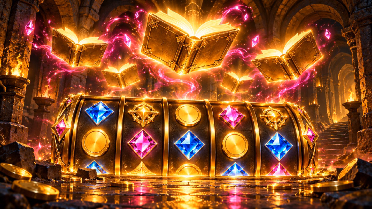 Several glowing golden books floating above slot reels in a dark catacomb with neon pink sparks