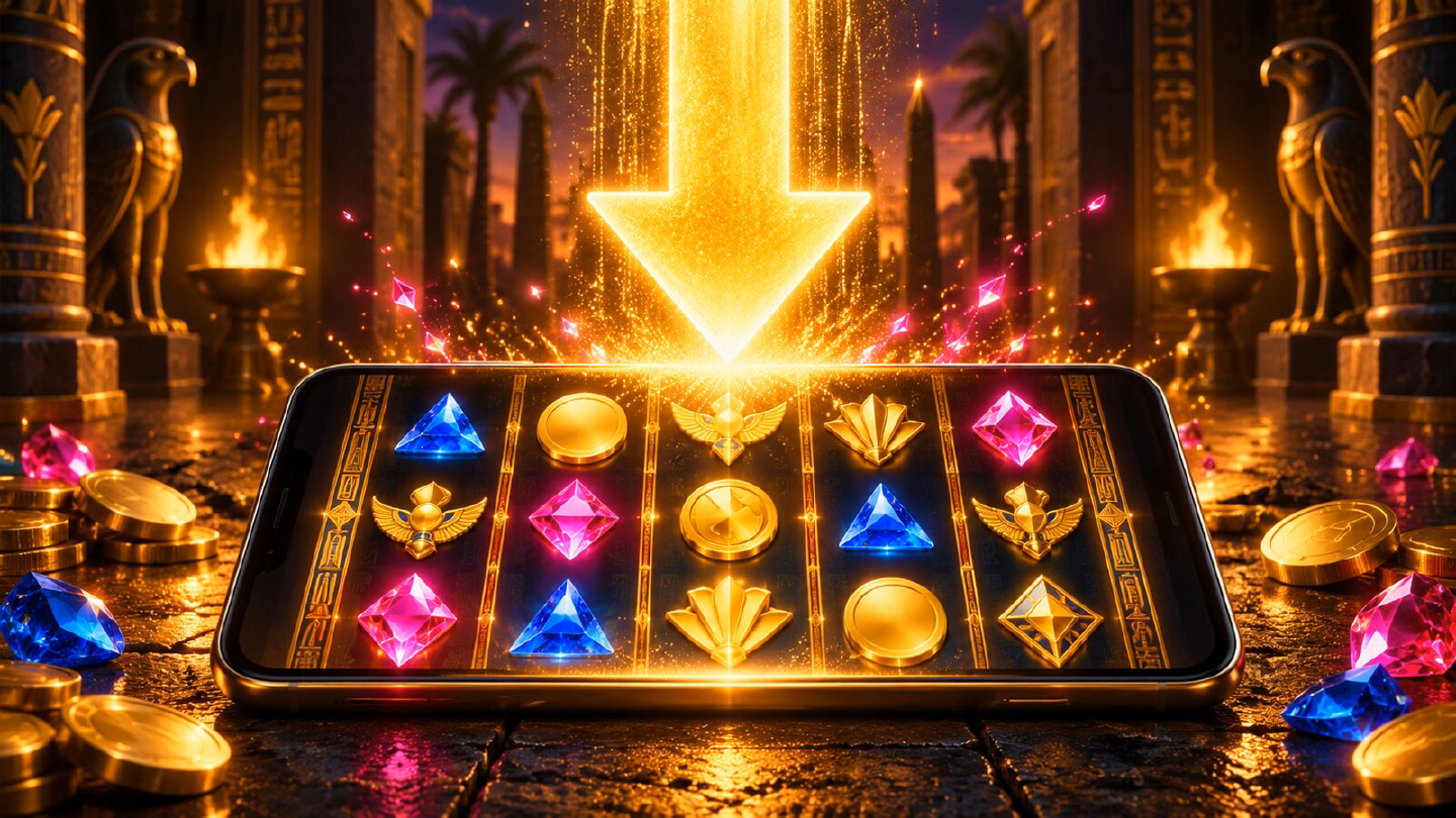 Golden download arrow of light descending onto a smartphone with Egyptian slot reels on screen