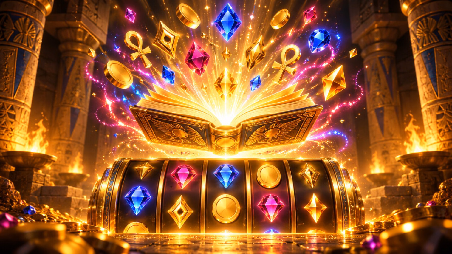 Golden book bursting with light as glowing symbols rise above slot reels in a tomb