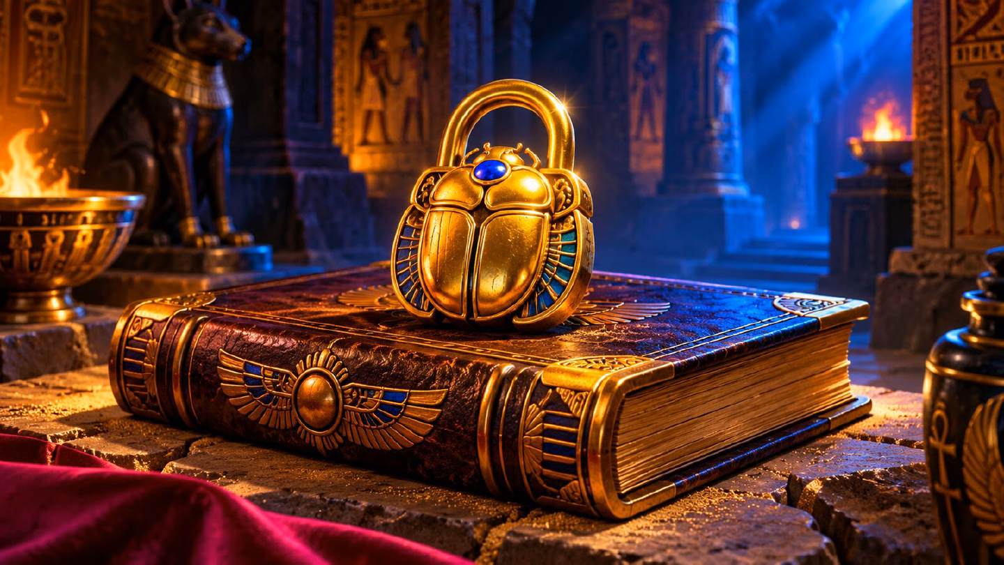 Golden padlock shaped like a scarab resting on a closed book in a dim tomb with soft blue light