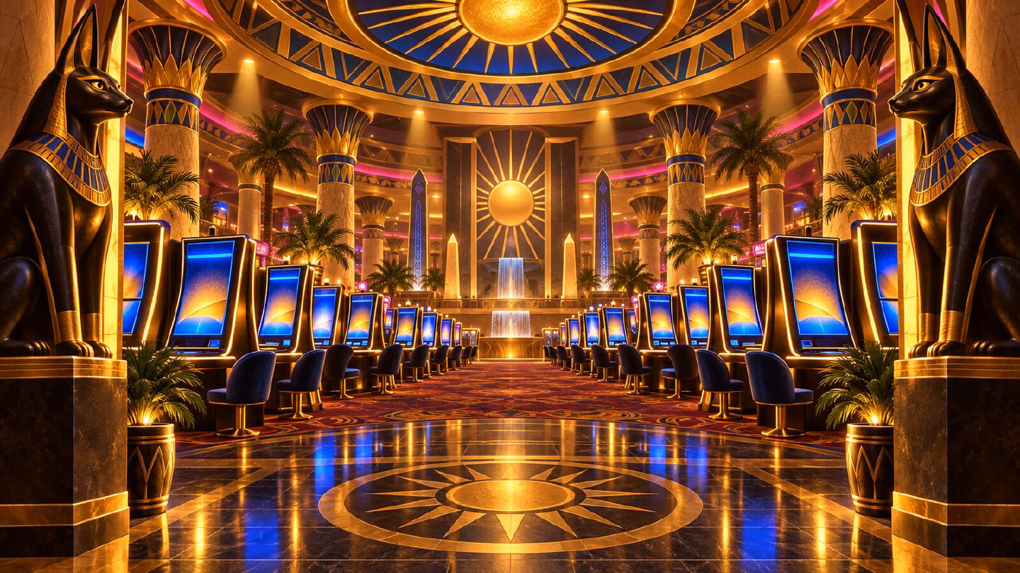 Grand casino hall with rows of slot cabinets glowing gold and blue under an Egyptian-style ceiling