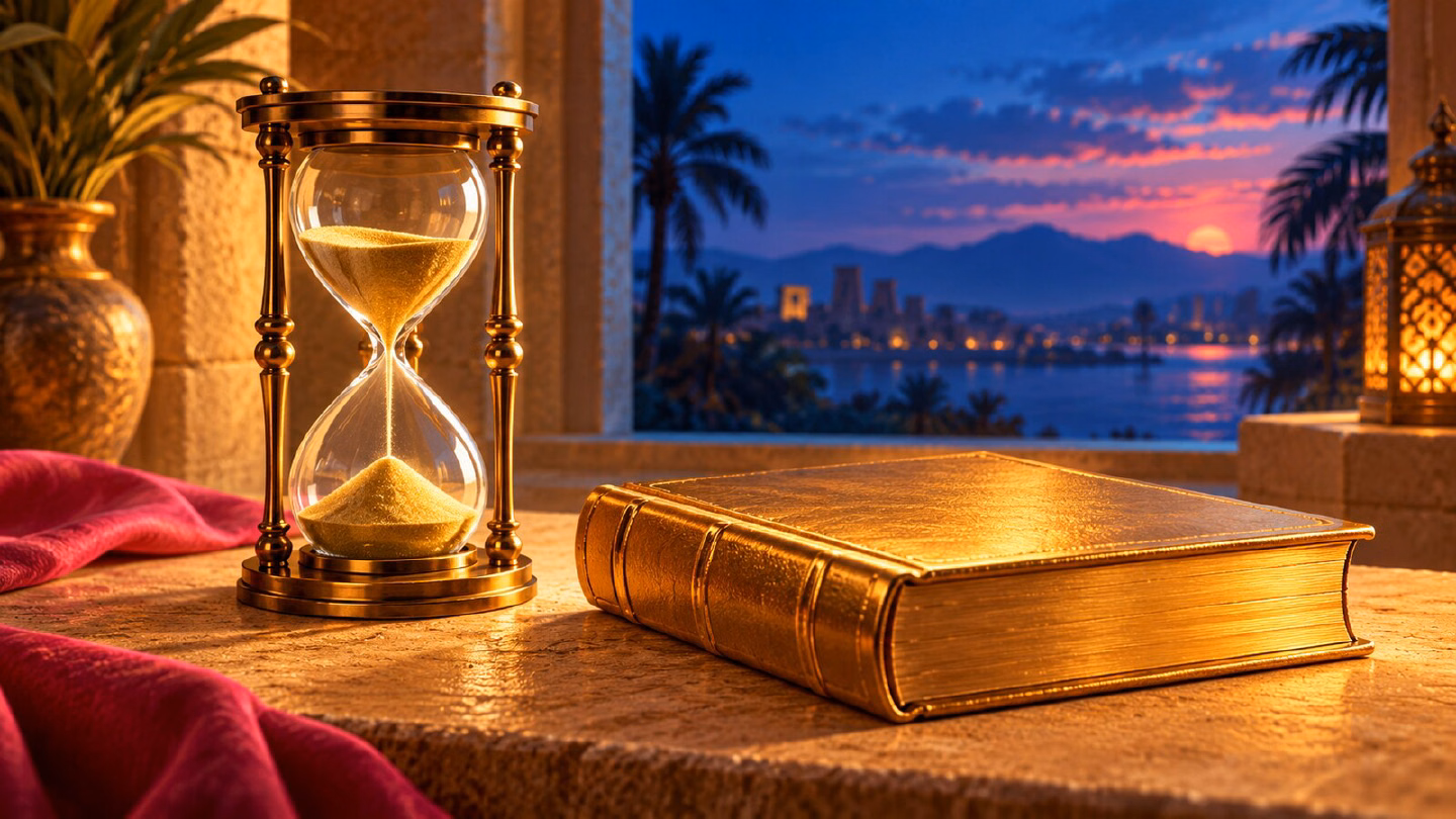 Calm scene of an hourglass and a closed golden book on a sandstone table in soft evening light