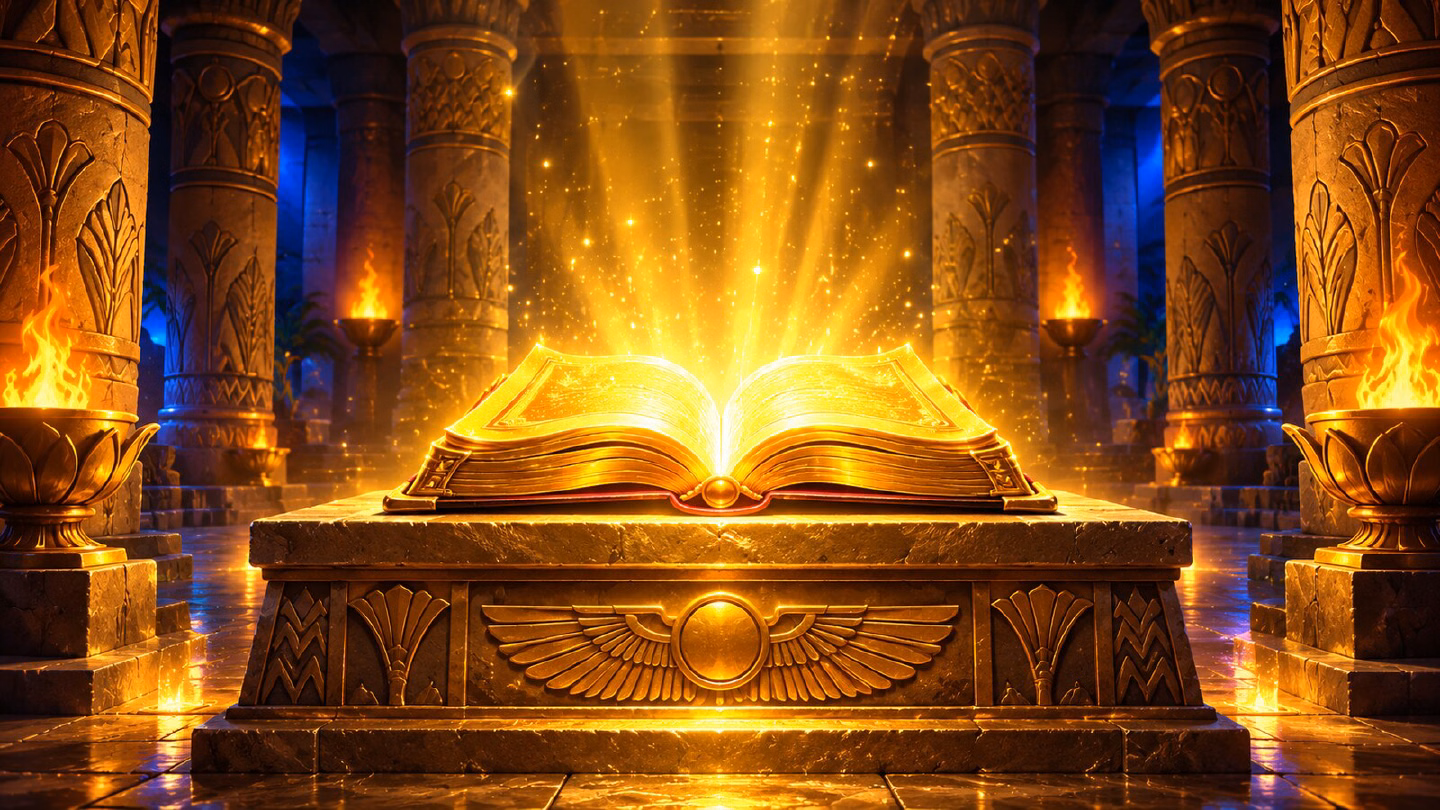 Open golden book radiating light over a stone altar in a torch-lit Egyptian tomb