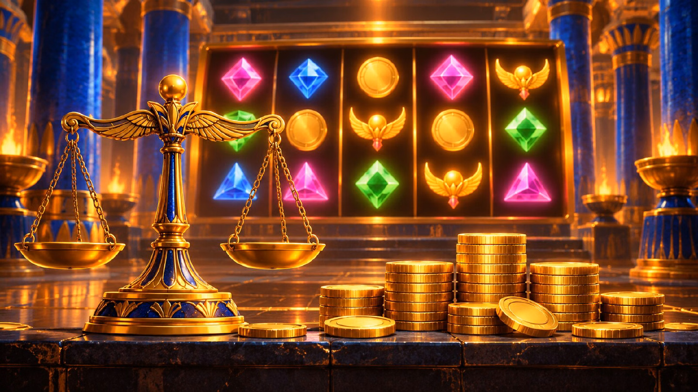 Golden scales and stacks of coins in front of glowing slot reels in an Egyptian hall
