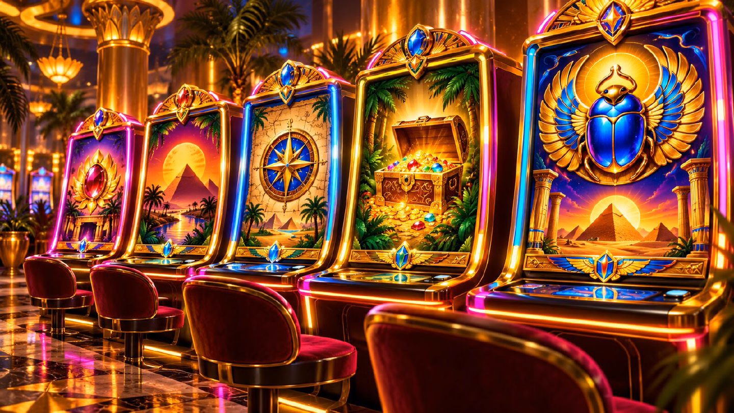 Casino lobby wall of glowing slot machines with Egyptian and adventure motifs in gold and neon
