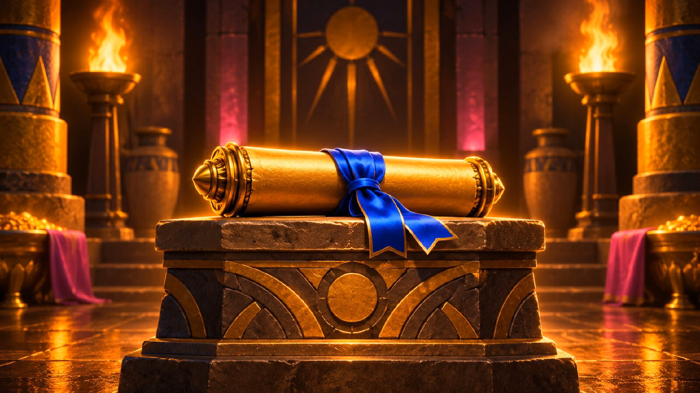 Golden scroll tied with a lapis ribbon on a stone pedestal under warm torchlight