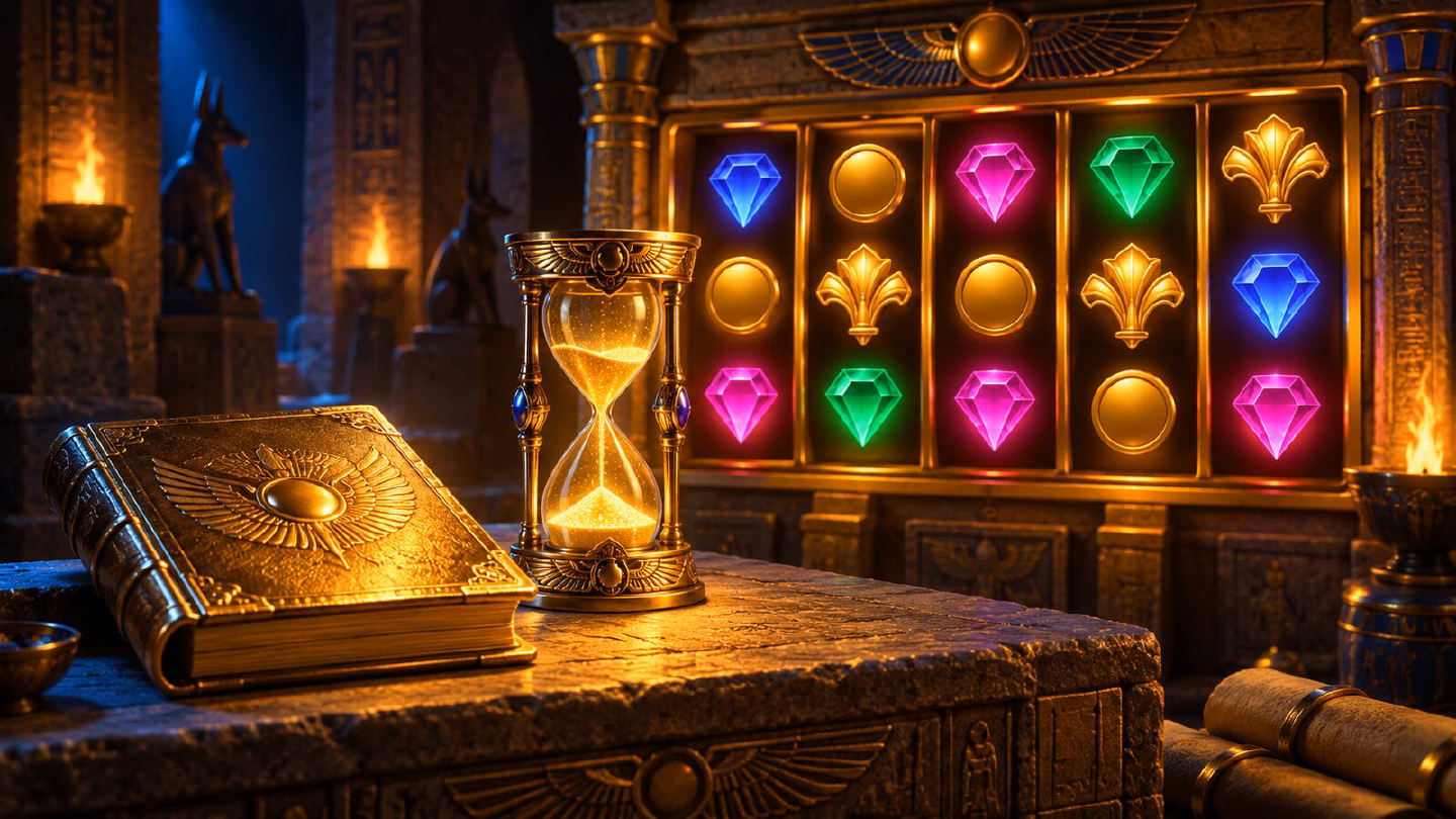 Golden book and hourglass on a stone table beside softly glowing slot reels in a tomb