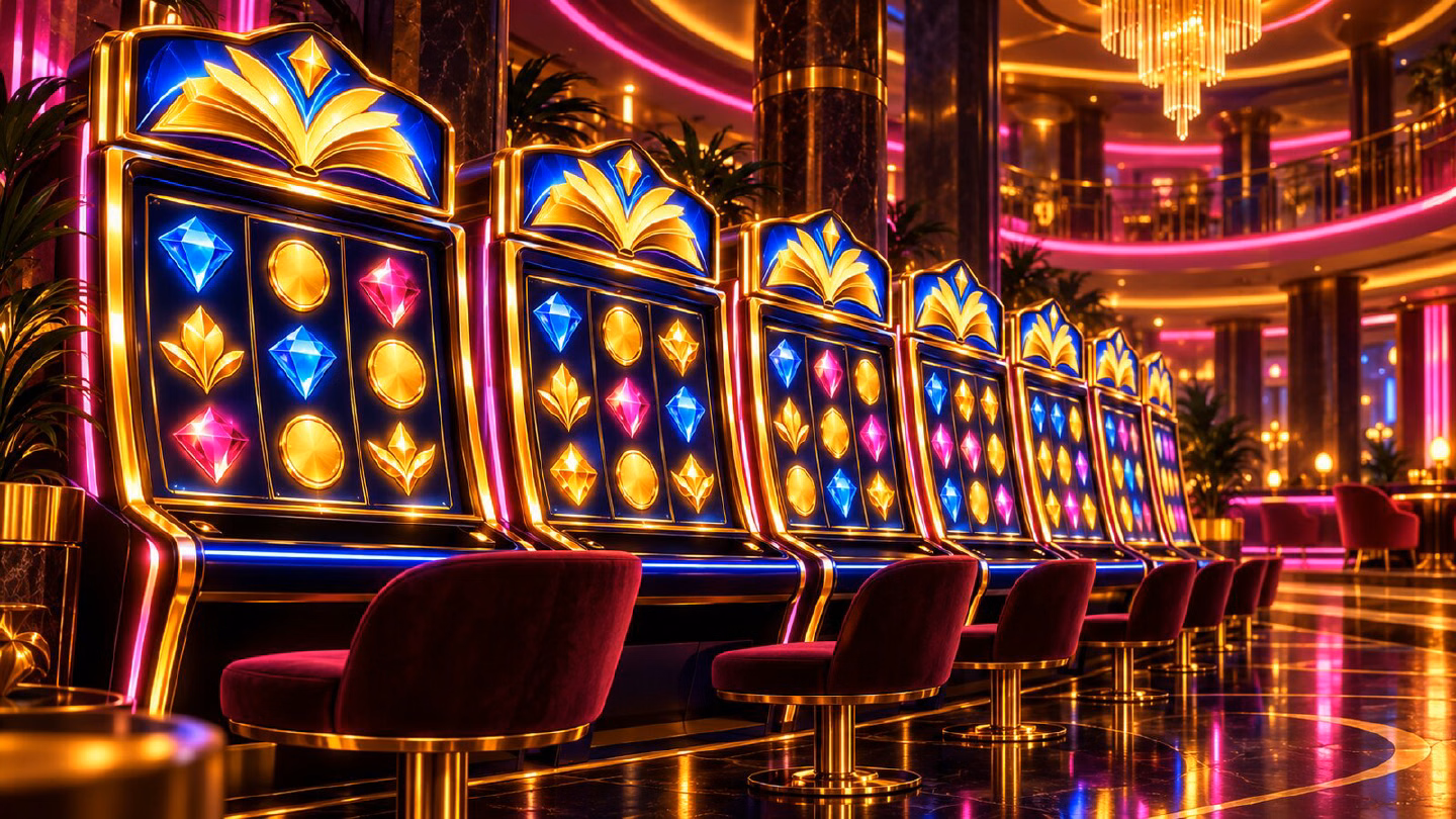 Row of glowing slot machines with golden book artwork in a neon casino lobby