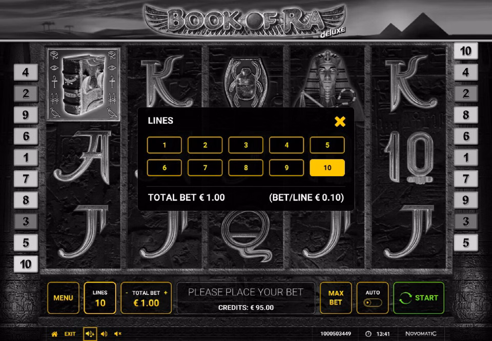 Book of Ra Deluxe demo: the lines panel for choosing how many of the 10 lines to play
