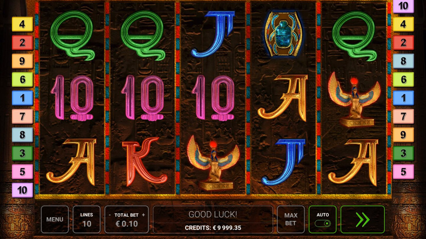 Book of Ra Deluxe demo main screen: five reels of card royals and Egyptian symbols against the tomb wall