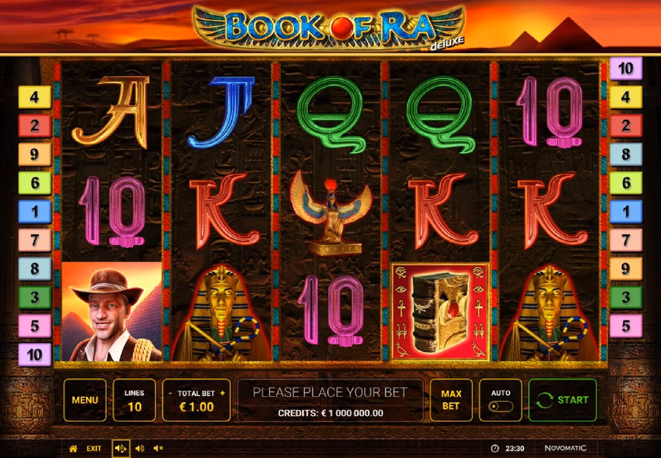 Book of Ra Deluxe demo main screen with five reels, 10 paylines and the control buttons along the bottom
