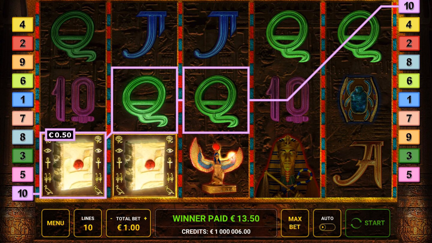 Book of Ra Deluxe demo: a win on line 10 completed with the Book symbol